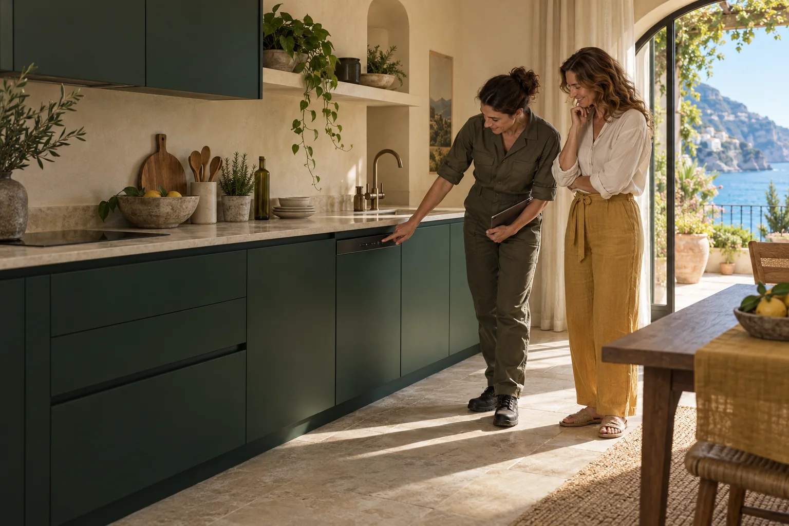 Tecnica e proprietaria osservano una lavastoviglie in una cucina verde
