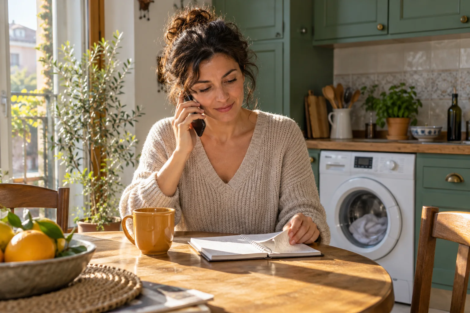 Persona al telefono con un taccuino nella propria cucina